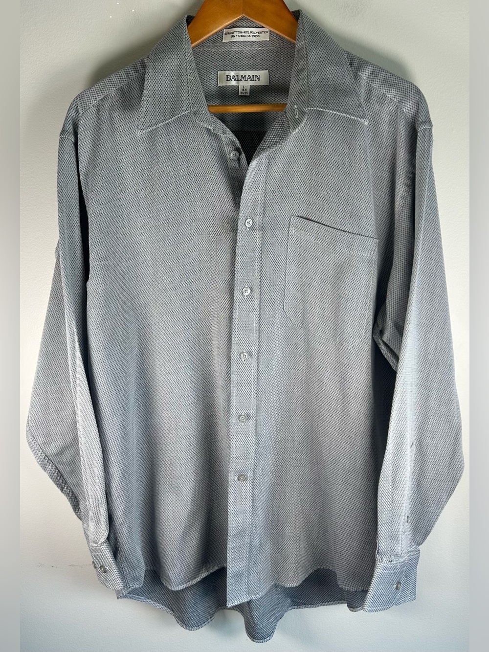 Balmain Mens Button Up Shirt Sz L 16.5 34/35 Gray Tweed Soft Cotton Blend Pocket